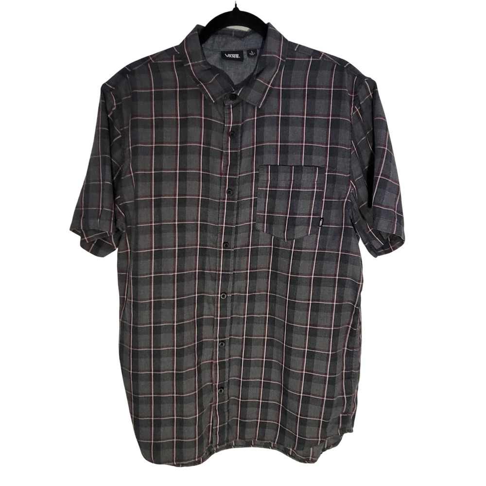 Vans Button Down Shirt Mens Large Grey Red Plaid Short Sleeve Skater Woven Top